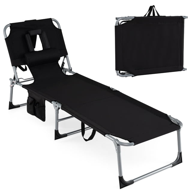 Costway Chaise Longue de Plage Extérieure Pliante avec Oreiller Noir