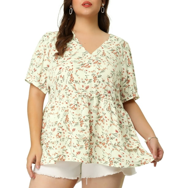 Women's Plus Size Blouse Floral Layered Flare Hem Casual Peplum Tops White 4X