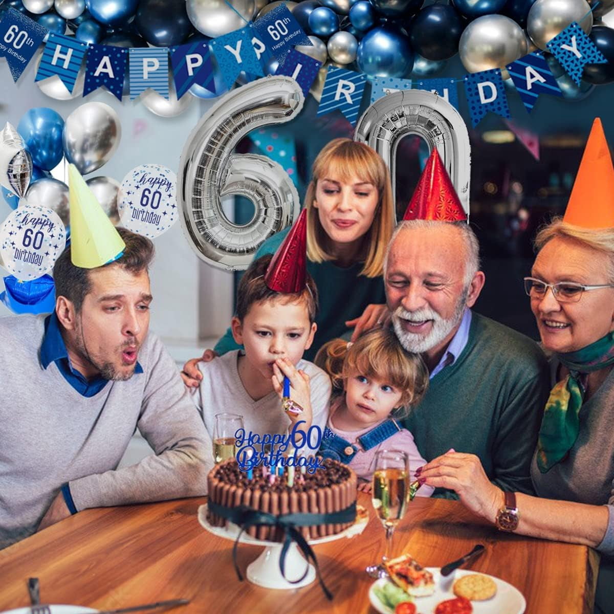 60th Birthday Decoration, Navy Blue Silver Balloons for Woman Man, Birthday Party Decor for Adult