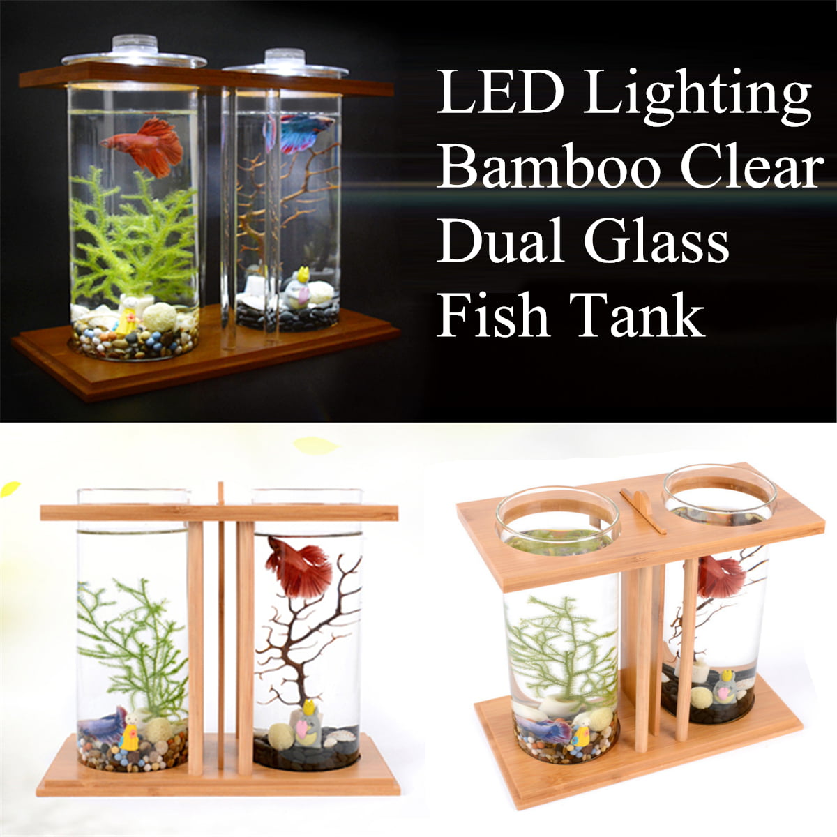 Hot LED Light Dual Clear Glass Fish Tank Betta Aquarium