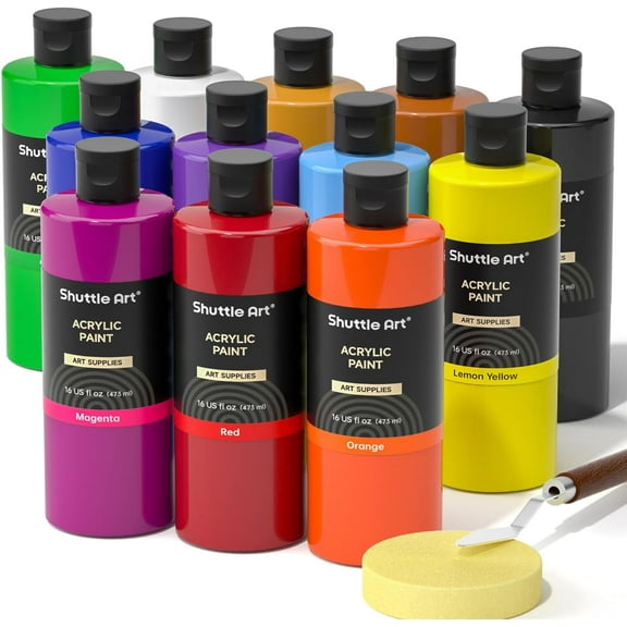 Shuttle Art Acrylic Paint, 12 Colors Acrylic Paint Large Bottle Set, 473ml/16oz Each, Rich Pigments, High Viscosity, Bulk for Artists