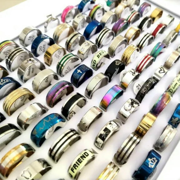 K-KED 50Pieces Wholesale Bulk Lot Men Women Color & Design Mix Stainless Steel Rings