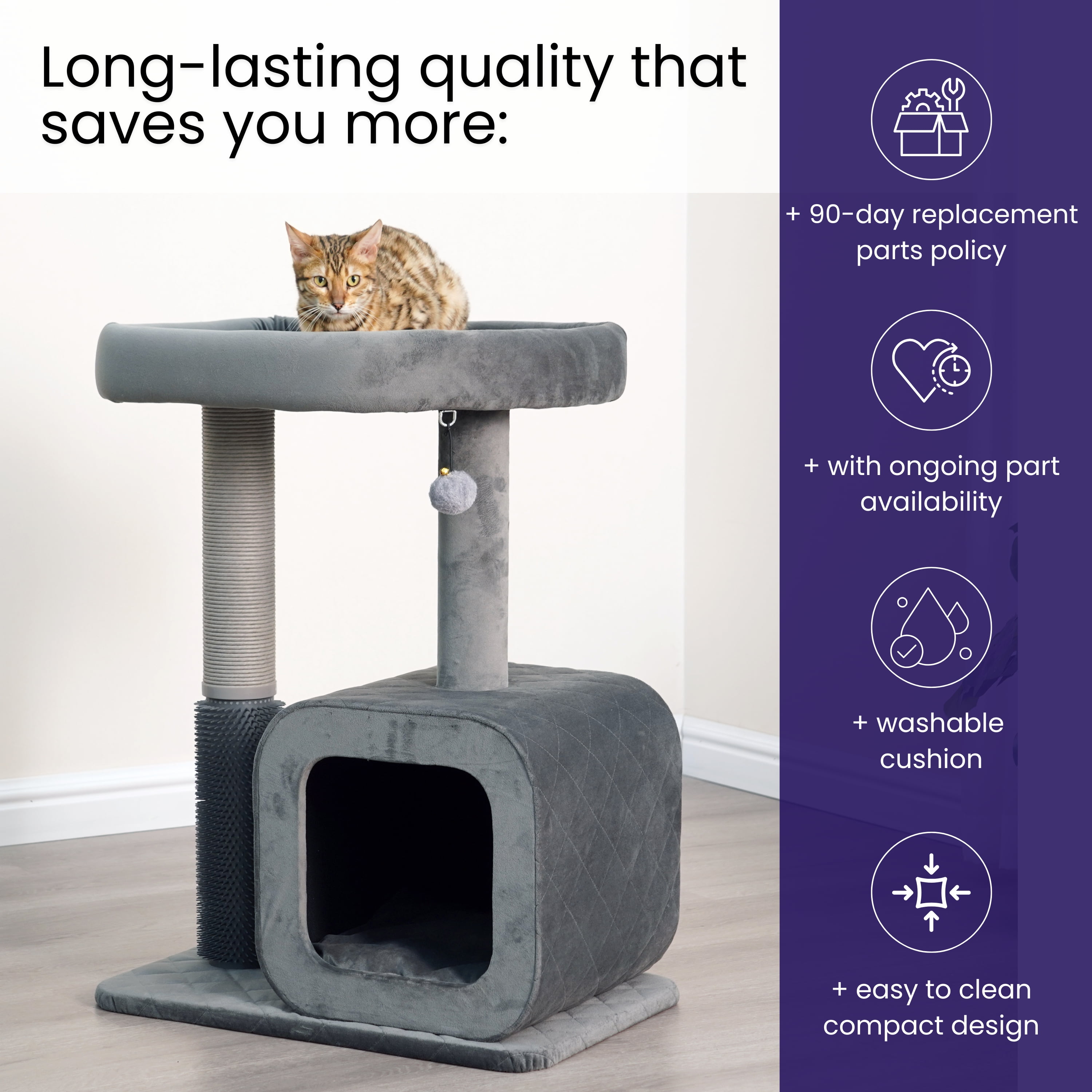 Catry Modern Medium Cat Tree with Large Base Condo, Top Bed, Scratching Post, Self Grooming Brush