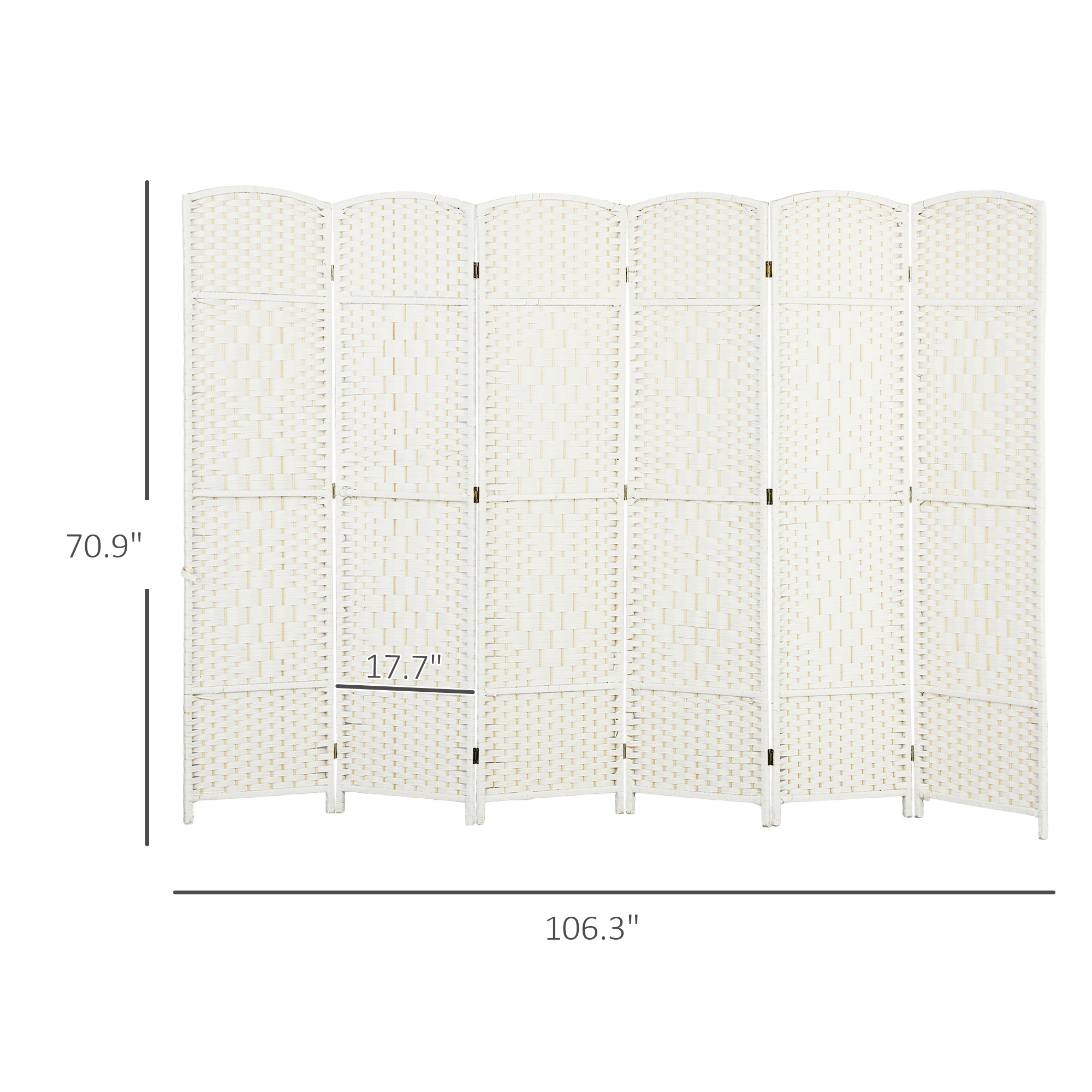 HOMCOM 6 Panel Room Divider, 6' Tall Folding Privacy Screen, Hand-Woven Freestanding Wood Partition for Home Office, Bedroom, White