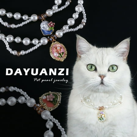 BULLPAW Faux Pearl Pet Collar for Dogs Cats Double-layer Beaded Necklace with Enamel Pendant for Pet Dress-up Jewelry Accessories