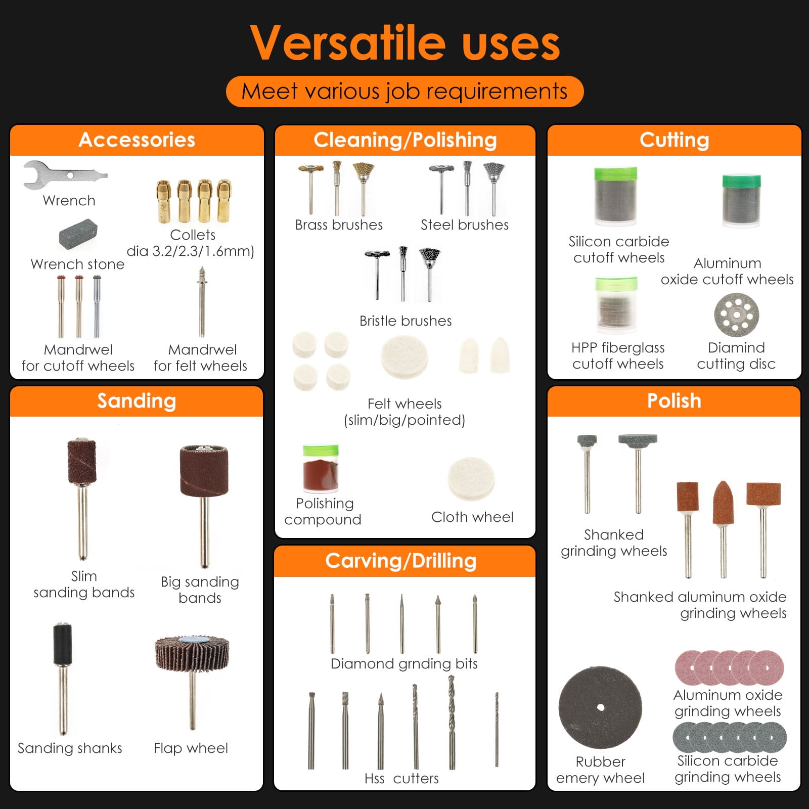 Tmwefusc 302Pcs Rotary Tool Accessories Kit, Rotary Tool Bits for Easy Cutting, Sanding, Grinding, Carving, Polishing, Drilling and Engraving