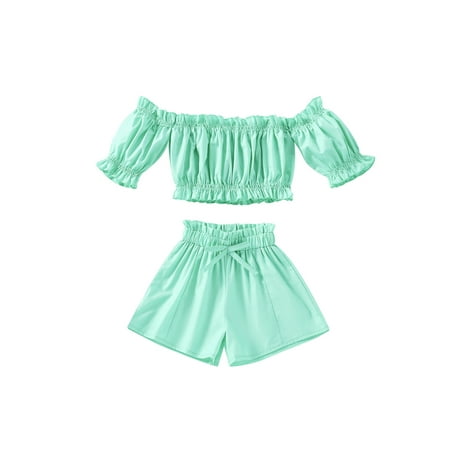 

Canrulo Infant Kids Girls Sweet Clothes Solid Ruffles Off Shoulder T Shirts+Bow High Waist Shorts 2pcs Sets Green 4-5 Years