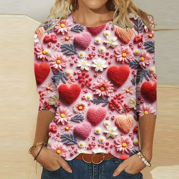 Herrnalise 3/4 Long Sleeve Valentines Day Shirts for Women Heart Print Tees Blouses Crewneck Loose Casual Plus Size Tops T shirts Valentines Day Gifts For Her