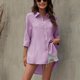 thumbnail image 4 of Camisa con botones para mujer, cuello vuelto, manga tres cuartos, dobladillo Irregular, Color puro, blusa holgada para mujer, color morado S, 4 of 7