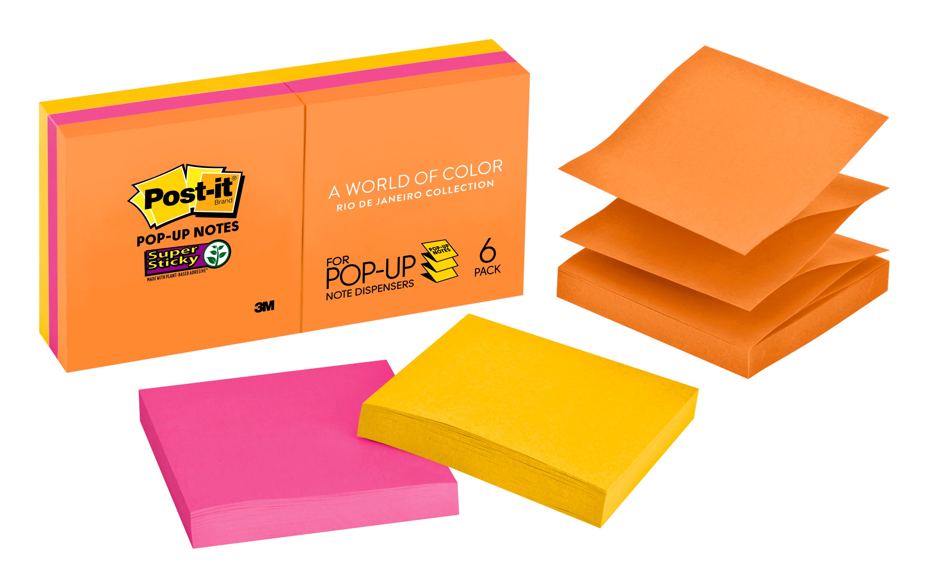Postit Super Sticky Popup Notes, 3"x3", Rio de Janeiro Collection, 6
