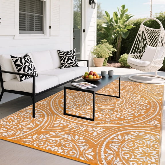 Outdoor Waterproof Rug Carpet 9x12 Reversible Patio Rug, Plastic Straw Rug Outside Indoor Outdoor RV Camping Mat for Patio Deck Balcony Picnic Beach Outdoor Decor, Orange White