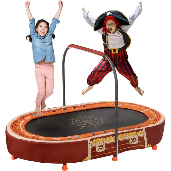 BRINJOY Kids Double Trampoline with Handle Mini Rebounder, Pink/Brown, 57.00" x 37.00" x 34.50"