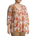thumbnail image 6 of Terra & Sky Women's Plus Size Pintuck Woven Printed Quarter Sleeve V-Neck Blouse, 6 of 6