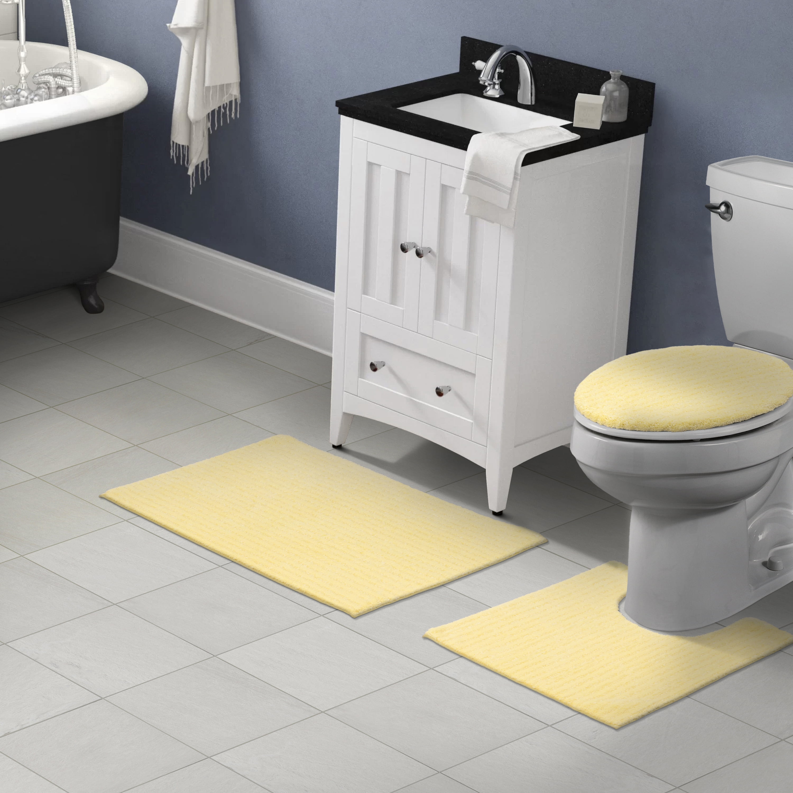 Garland Rug Sheridan Washable Nylon Bath Rug Set, 3 Piece Set (21"x34" Bath Rug, Contour Rug, & Toilet Lid) Rubber Ducky Yellow