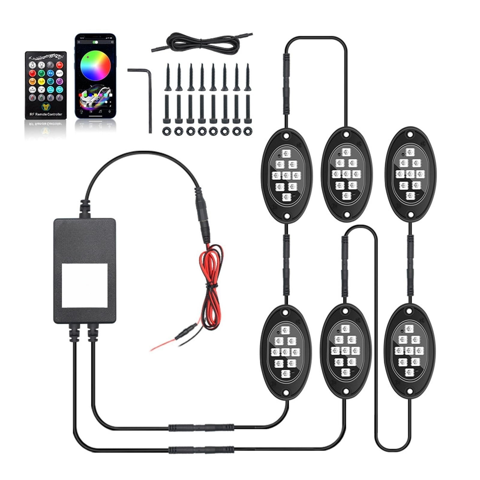 RGB Car Chassis Light Kit, Bluetooth Remote Control Underglow Lights with Music Sync, Waterproof LED Pods for Truck SUV ATV UTV, Car Interior and Exterior Atmosphere Neon Lights Decoration