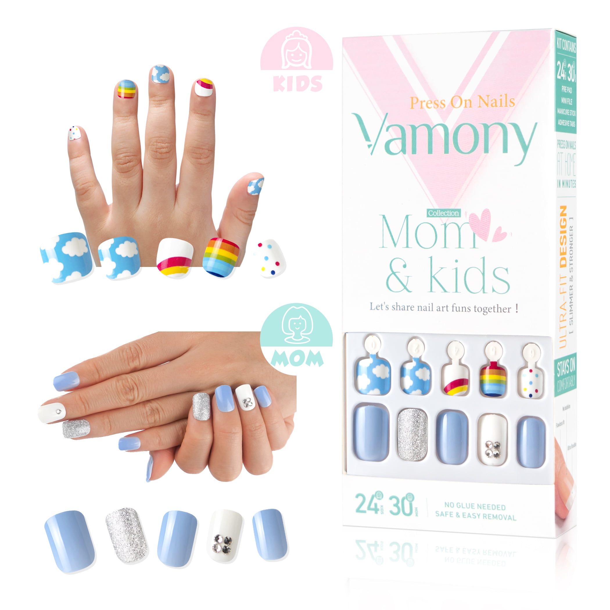 Press on Nails for Kids and Mom - Vamony 54 Pcs Short Square Fake Nails, Artificial Nails Gift