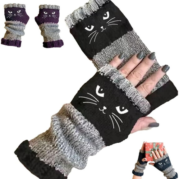 Cozy Cat Tastic Gloves, Knitted Fingerless Gloves for Women, Women’s Knitted Fingerless Glovess with Cute Cat Embroidery