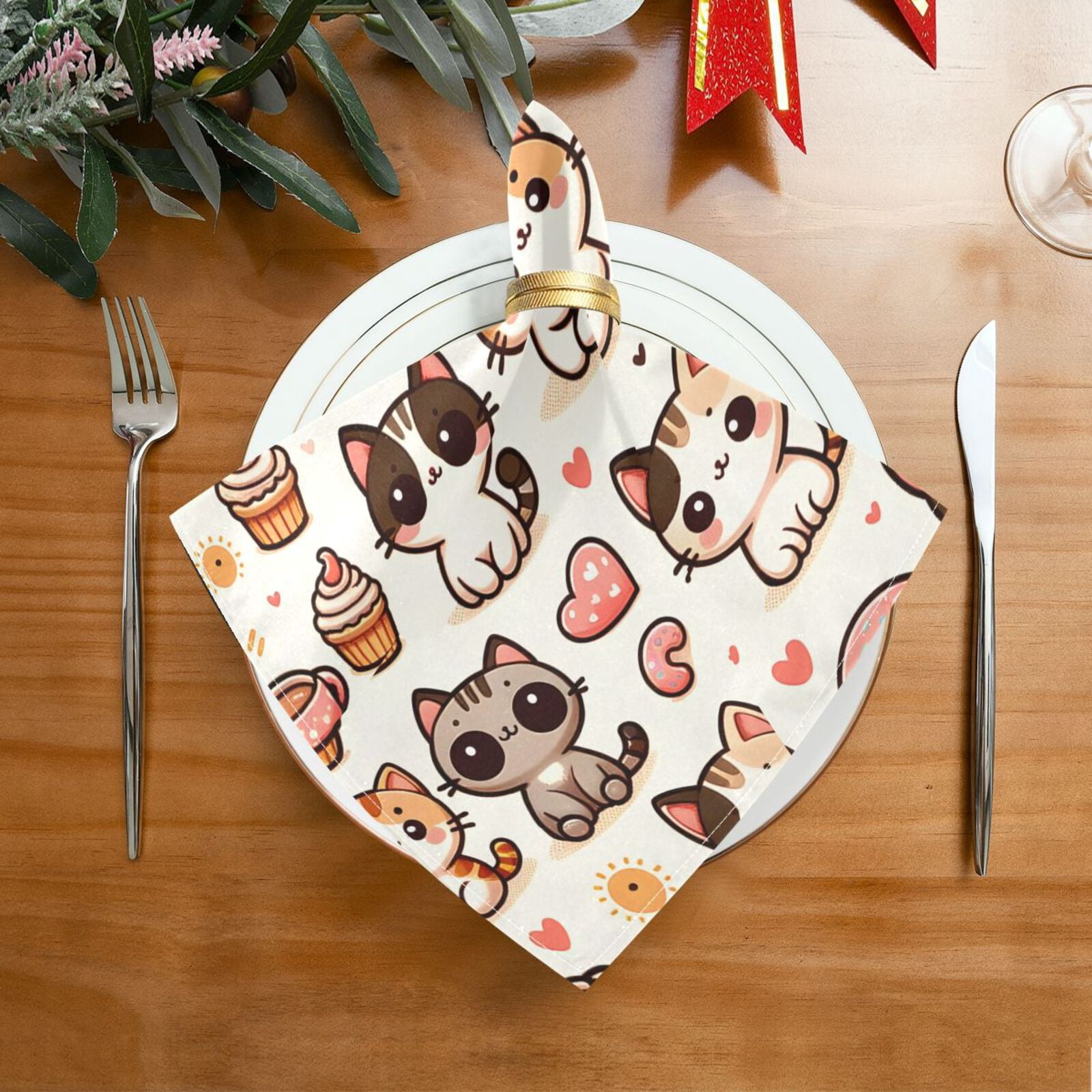 JSTEL Kitten Cat Donut Cloth Napkins Set of 6, 20x20 Inch Washable and Reusable Napkin for Decoupage Dinner Party Everyday Use