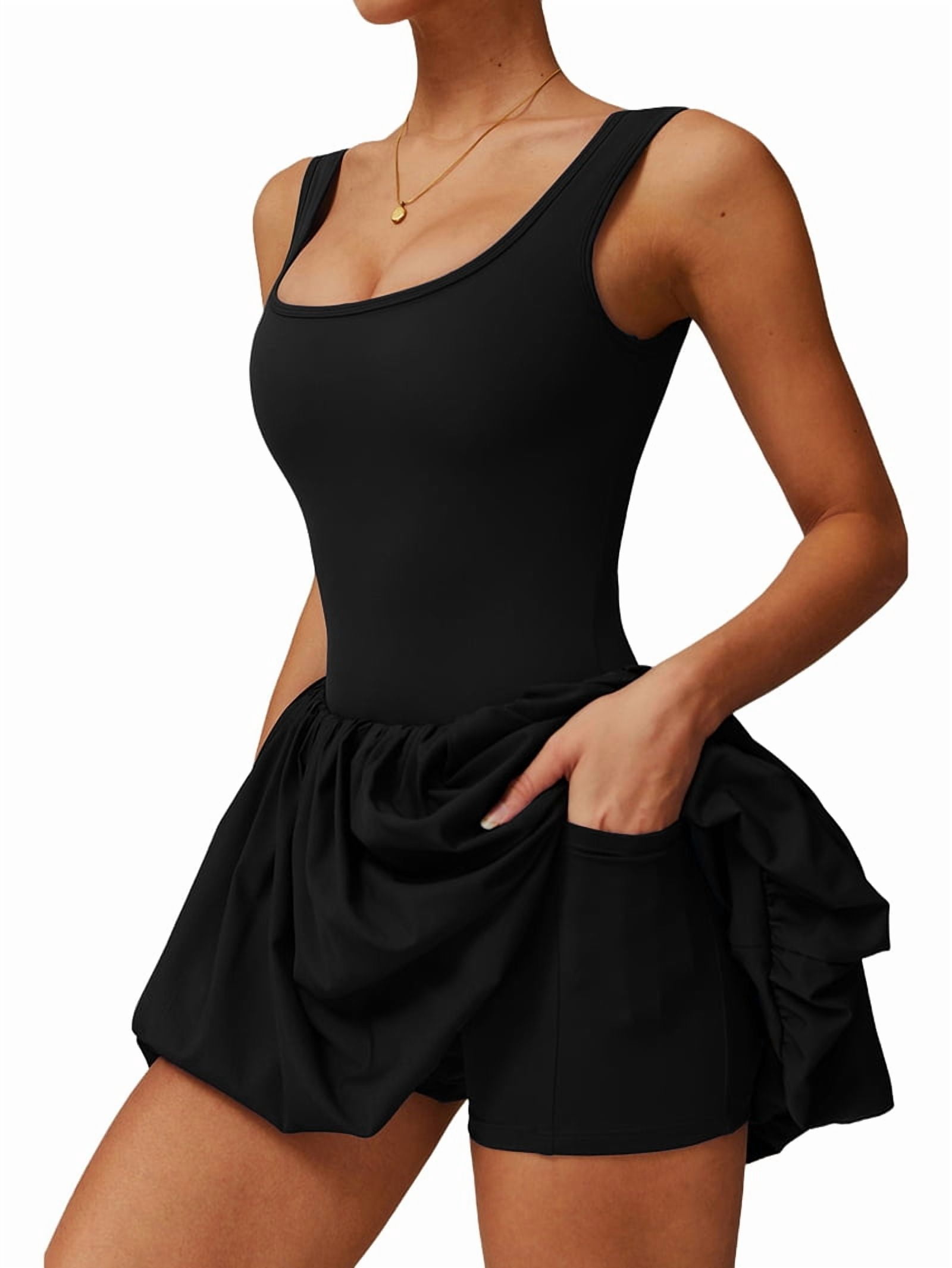 Womens Bubble Tennis Dress Squre Neck Sleeveless Workout Golf Athletic Dresses Build in Shorts with Pockets