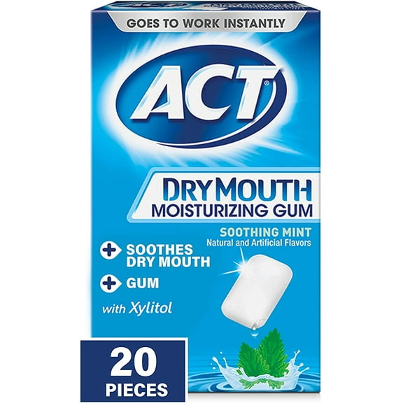ACT Dry Mouth Moisturizing Gum, Sugar-Free Soothing Mint, 20 ea (Pack of 2)