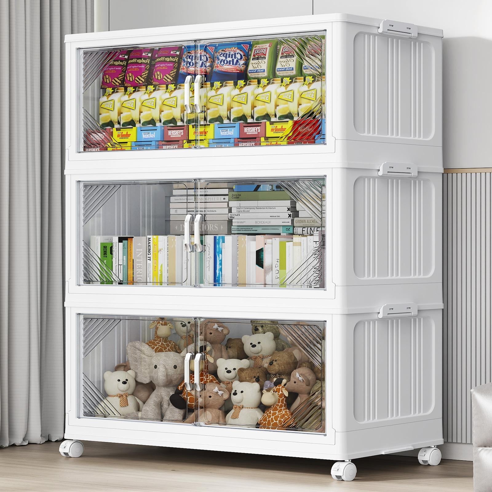 Broview V60 105Gal Extra Large Stackable Storage Bins with Lid, 420QT Plastic Containers With Drawers, Folding Closets with 6x Wheels, Collapsible Cabinets Organizers for Home Office, 3Pack White