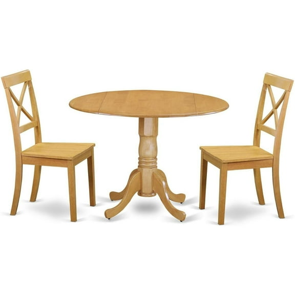 HomeStock 3 Piece Dining Set Contains a Round Dining Room Table with Dropleaf and 2 Wood Seat Chairs, 42x42 Inch,Oak