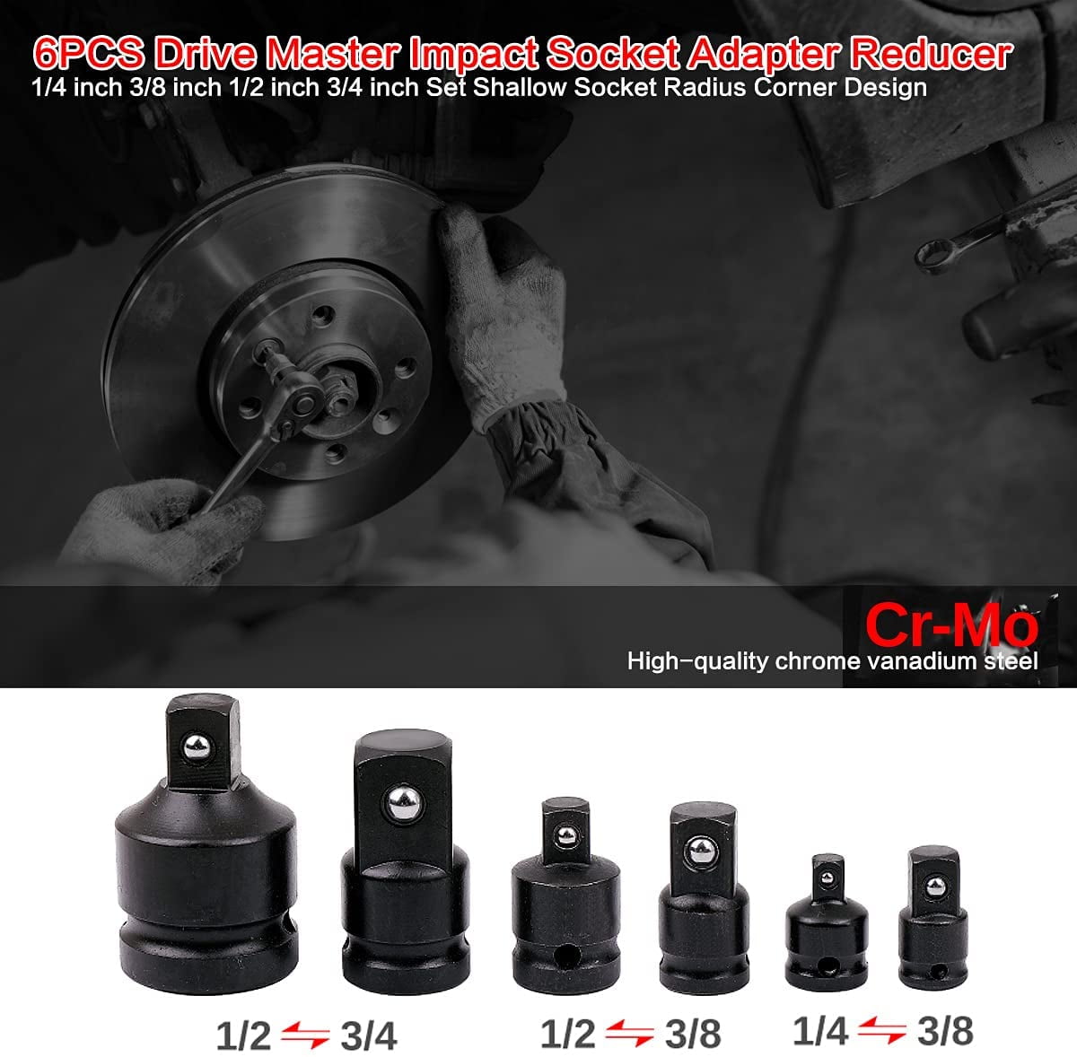 Impact Socket Adapter Set, 6 Pieces Reducer For 1/4", 3/8", 1/2", 3/4" Socket Converter