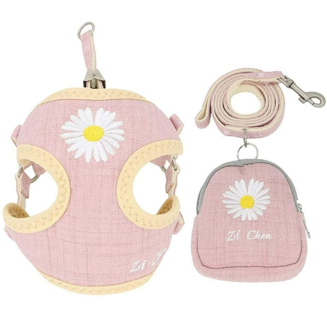 Lindo juego de arnés y correa para perros pequeños con bolsas, sin tirones, chaleco para perros Daisy, arnés de malla suave y transpirable para cachorros (rosa, pequeño)