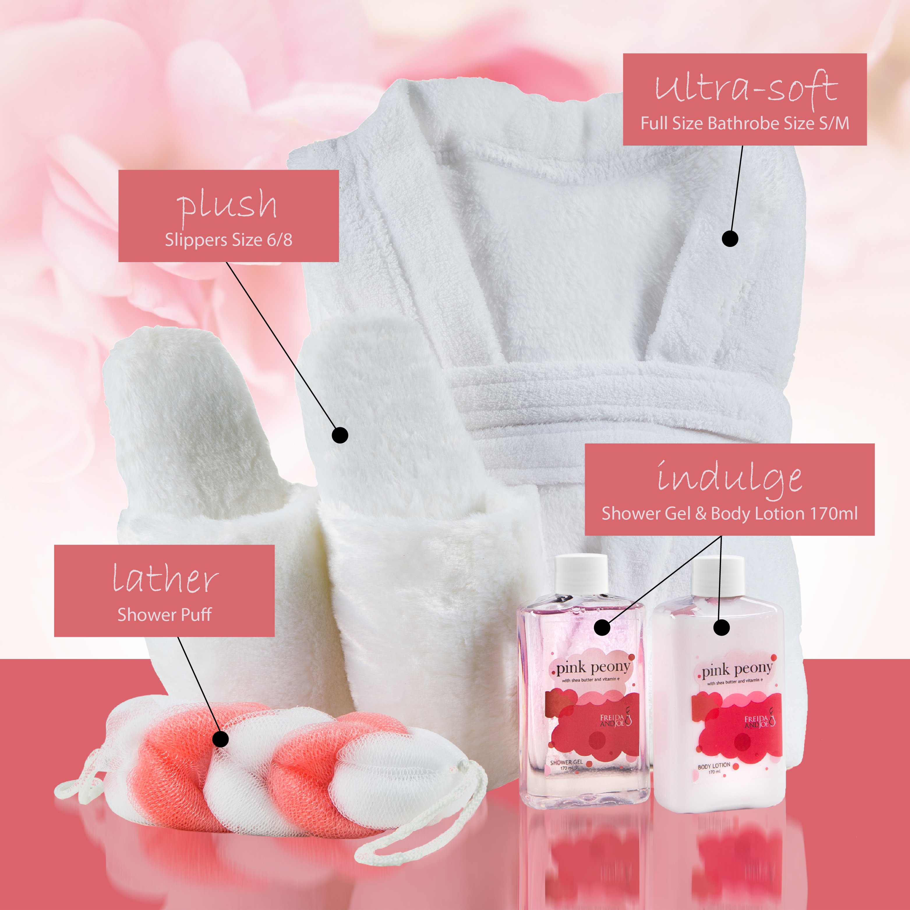 Freida & Joe Gift for Her Pink Peony Scent Home Spa Gift Basket with Luxury Bathrobe & Slipper for Women - image 4 of 5