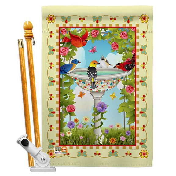 Breeze Decor BD-BI-HS-105037-IP-BO-D-US12-AL 28 x 40 in. Bathing Birds Ivory Garden Friends Impressions Decorative Vertical Double Sided House Flag Set & Pole Bracket Hardware