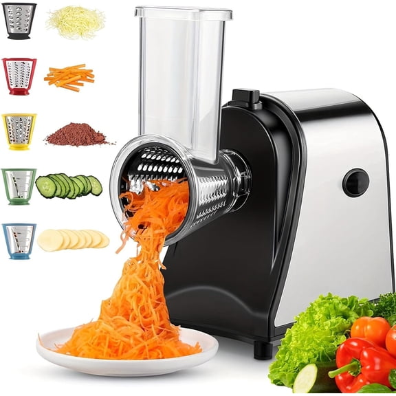 Electric Cheese Grater 5-in-1 Compact Rotary Cheese Shredder & Slicer, Stainless Steel Food Grater for Block Cheese, Garlic, Ginger & Vegetables