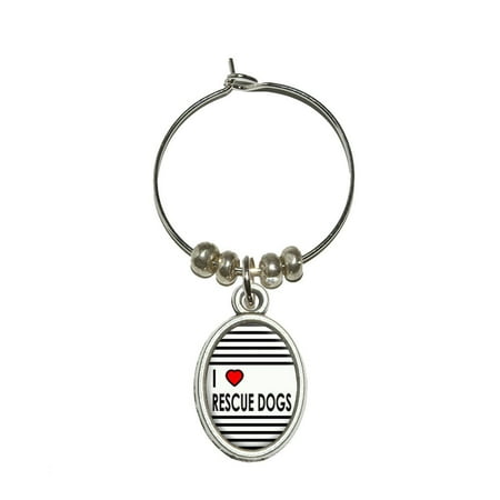 

I Love Heart Rescue Dogs Oval Wine Glass Charm