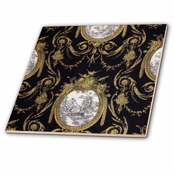 3dRose, French toile. Gold and Black., 8 Inch Ceramic Tile