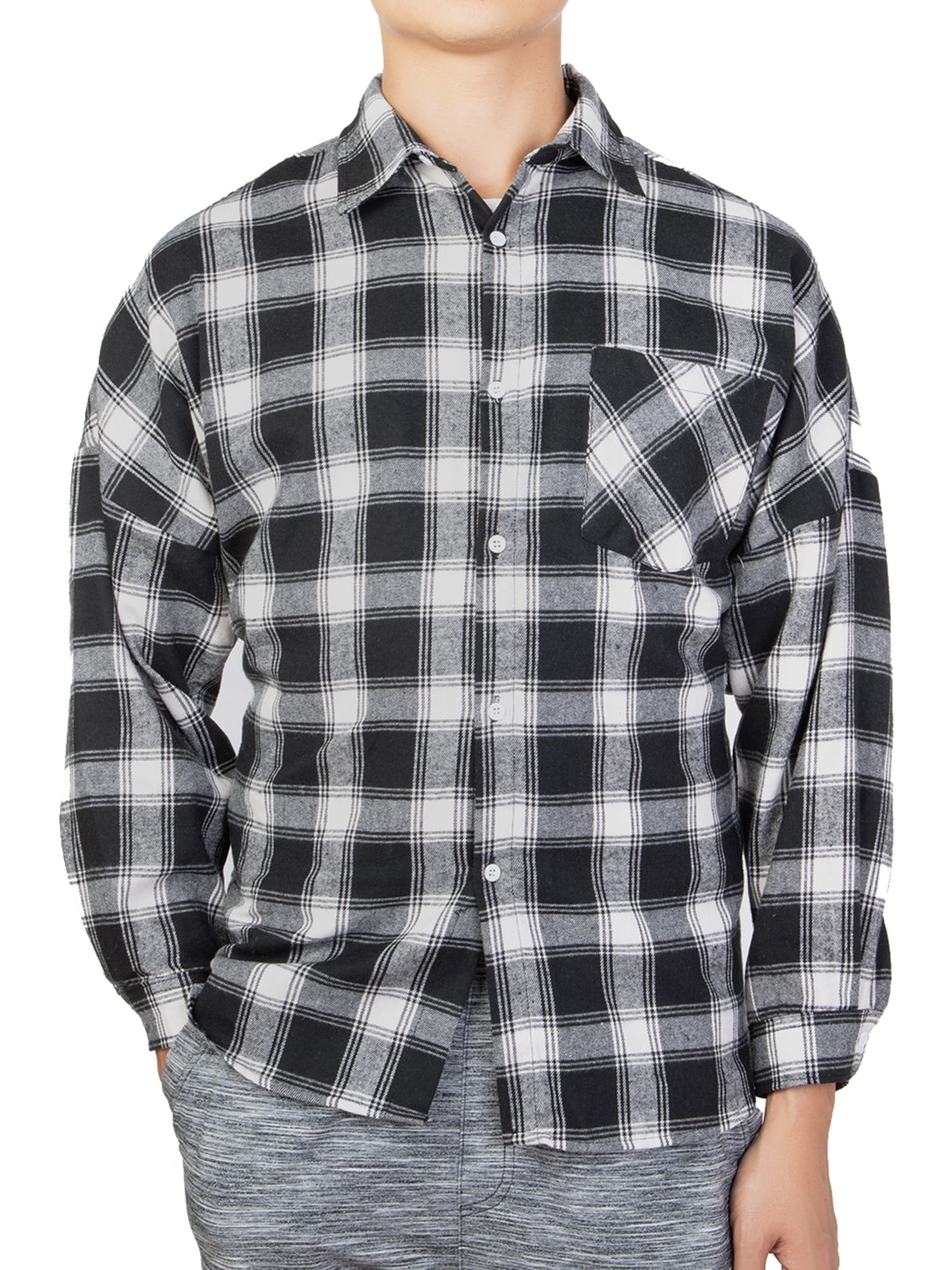 Men's Flannel Long Sleeved Button-Up Plaid All-Cotton Brushed Shirt ...