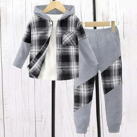 NAISIBABY Boys Outfit Sets(1-6T), Plaid Hooded Long Sleeve Shirt Jacket and Sweatpants Fall Winter Fashion Causal Clothes 2-Piece Black 6T