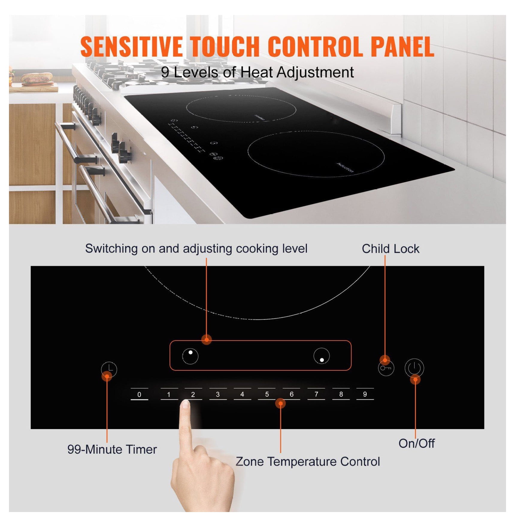 Electric Cooktop 2 Burner, 24'' Induction Stove Top Built-in, 1800W Magnetic Cooktop, 9 Heat Levels, LED Touch Control, Child Lock & Overheat Protection