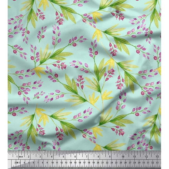 Soimoi Cotton Duck Fabric Leaves & Berries Watercolor Printed Fabric 1 Yard 56 Inch Wide