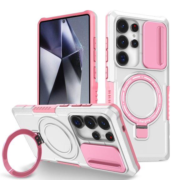 Moreoy Magnetic Kickstand Case for Samsung Galaxy S26 Ultra with Slide Lens Cover, Compatible with MagSafe with Metal Ring Holder Stand Shockproof Non-Slip Bumper Protective Phone Shell,B