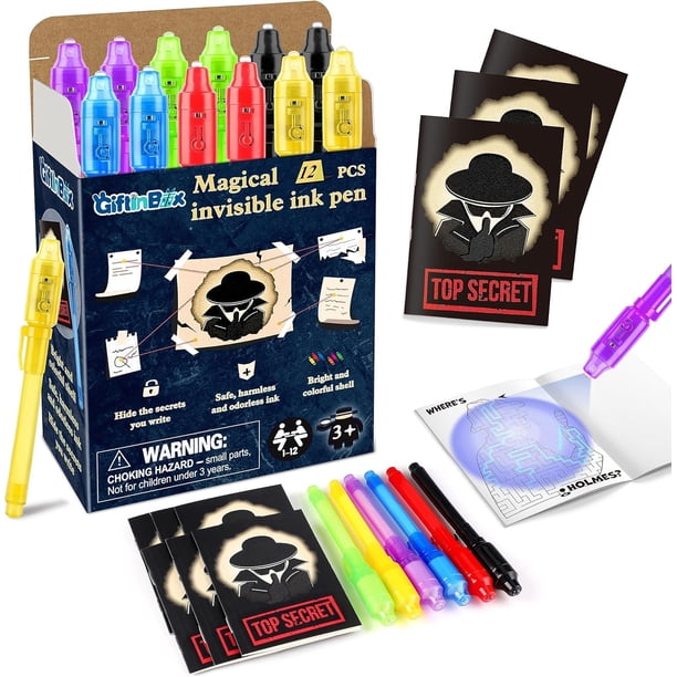 Bolígrafos de tinta invisible GIFTINBOX, paquete de 12 con luz UV y cuaderno