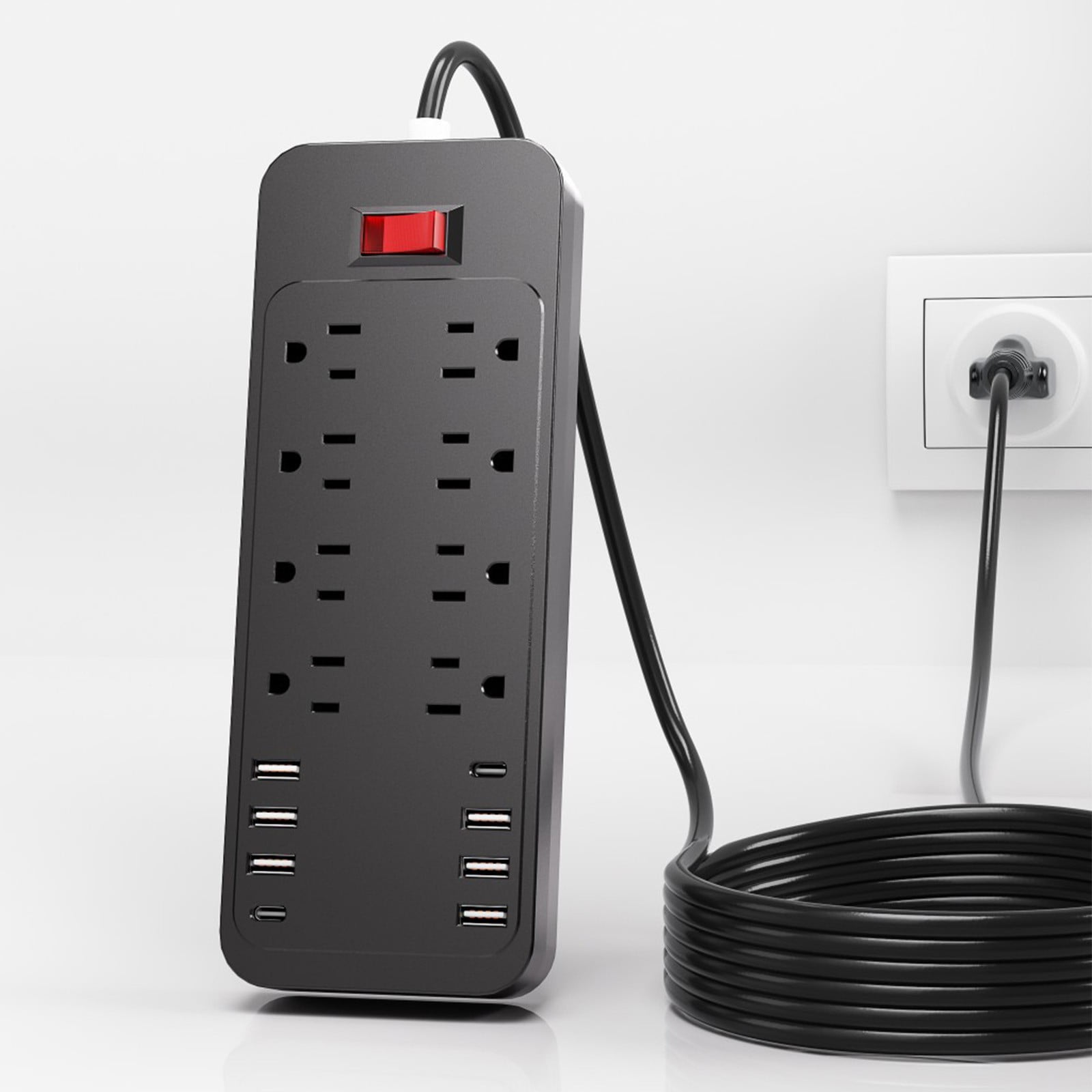 YUNAFFT US Standard 2500W Power Strip Household Extension Board Socket With Control Buttons 8 Socket 6 USB Ports 2 Type-C Ports Plug Board