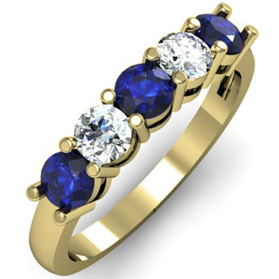 Dazzlingrock Collection 14K Round Blue Sapphire and White Diamond Ladies 5 Stone Bridal Wedding Band Ring, Yellow Gold, Size 6