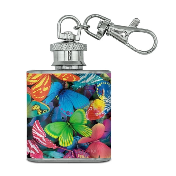 Butterfly Butterflies Rainbow Magic Stainless Steel 1oz Mini Flask Key Chain