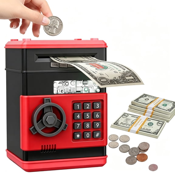 Rirool Kids ATM Piggy Bank with Password Lock, Electronic Money Saving Box with Auto Bill Feeder & Coin Bank, Educational Toy Gift for Boys & Girls, Black Red