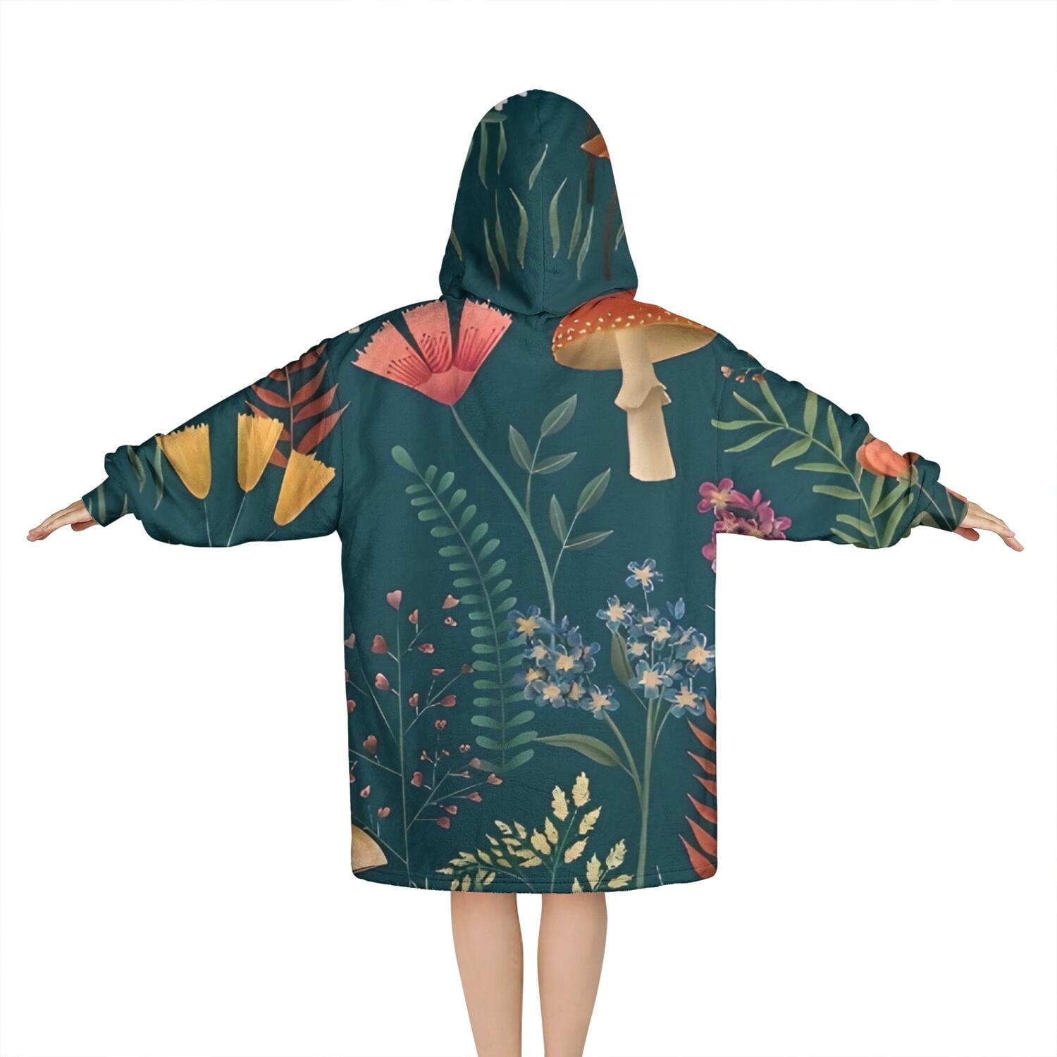 Colorful Mushroom Flower Dark Green Pattern Blanket Hoodies for Kids 6-13YR Oversize Wearable Blanket Hoodies for Boys Girls Teens