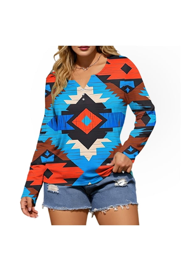 Women's Western Aztec Print V-Neck Casual Long Sleeve Loose Fit Buttoned T-Shirt Gifts