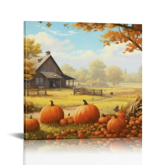 gouleft  Autumn Canvas Wall Art - Autumn Pumpkin Landscape Picture - Farm Panoramic Artwork - Large Fall Poster - for Home Office Living Room Bedroom Wall Decor  16x16 in