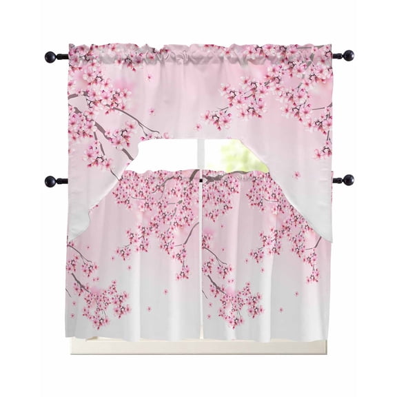 Pink Flowers Kitchen Curtains Swag Valance and Tier Curtains Set 36 Inch Length, Spring Botanical Floral Branches Gradient Rod Pocket Drape Panels Pair Swag Curtain for Bathroom/Cafe/Window