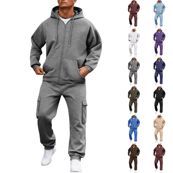 Fleece Tracksuits Mens 2 Piece Set Long Sleeve Athletic Zip Jogging Suit Gray S