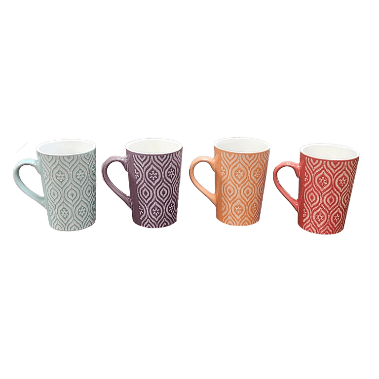 House 2 Home 4 Pc 16oz Multi-Color Ceramic Coffee Mug Set, Ikat Design