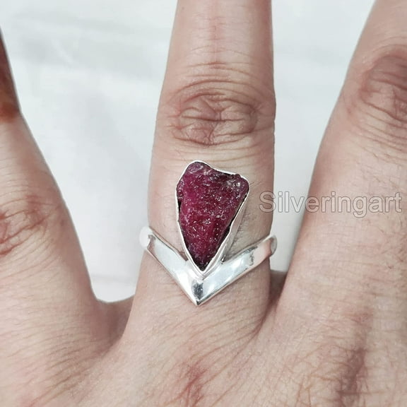 AAA Natural Ruby Ring, Rough Ruby Gemstone Ring, July Birthstone, V Crown Band, 925 Sterling Silver, Womens Ring, Christmas, Thanksgiving, Handmade, Statement Jewelry, Raw Gemstone Jewelry
